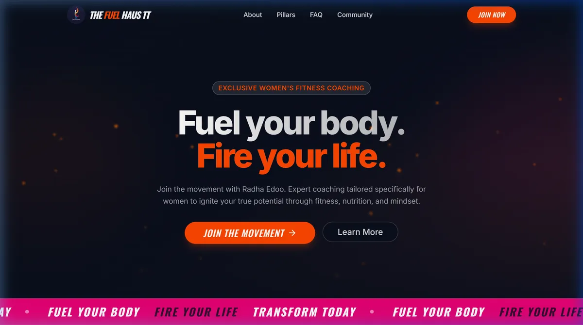 The Fuel Haus TT website homepage - women's fitness coaching site built in Trinidad